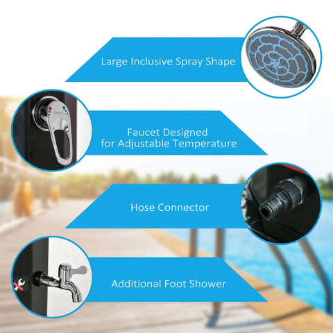 Diagram of 7Ft Outdoor Solar Heated Shower With 360 Degree Rotating Head, Foot Shower Faucet, Temperature And Pressure Control features
