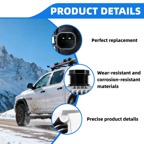 Close-up of direct fit alternator features, showing plug design and material information with a car on snowy road in the background.