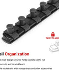 Three Quarter Inch Drive 18 Inch Socket Rail With 10 Clips Twist To Lock Socket Holder Black OSR33210 Made In USA detail