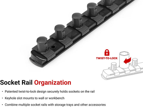 Three Quarter Inch Drive 18 Inch Socket Rail With 10 Clips Twist To Lock Socket Holder Black OSR33210 Made In USA detail