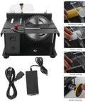 Top Pick Mini Table Saw With A Slick 25 Piece Cutting Kit For Effortless Wood And Jade Crafting Featuring Heavy Duty Lathe Polishing And Power Drilling Tools US Plug Included - close-up of mini table saw with blades and polishing tools.