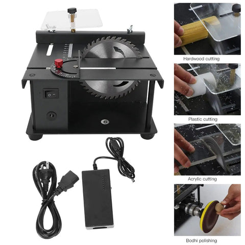 Top Pick Mini Table Saw With A Slick 25 Piece Cutting Kit For Effortless Wood And Jade Crafting Featuring Heavy Duty Lathe Polishing And Power Drilling Tools US Plug Included - close-up of mini table saw with blades and polishing tools.
