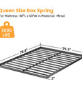 Heavy Duty Queen Size Box Spring With Low Profile Metal Frame And Thickened Steel Support Pillars For Wobble Free Mattress Foundation featuring dimensions of 80"L x 60"W.