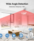Living room with 125dB Loud Indoor Motion Sensor Alarm showing 120-degree wide angle detection zone