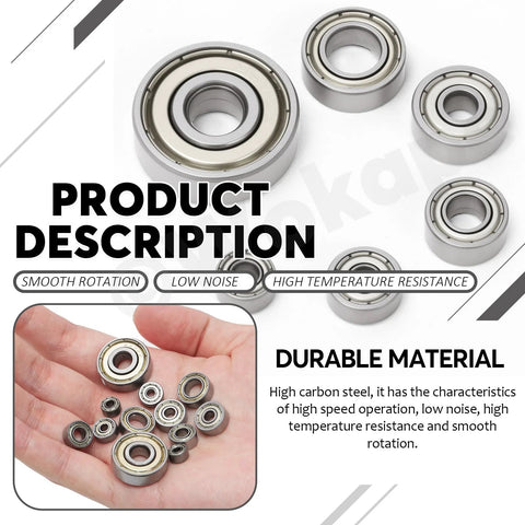 Front view: assorted miniature deep groove ball bearings, six sizes, high-carbon steel, double shielded, 72-piece set.