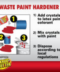 Waste Paint Hardener 3.5 Oz Odorless Solidifier shown in three-step process for no mess disposal of latex and acrylic paint.