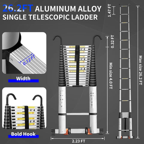 Telescoping Ladder 26 Point 2 Ft Heavy Duty Aluminum Reach For Roof Access Attic And Loft Work Exterior Property Maintenance Removable Hooks For Easy Positioning Rectangular Design, folded and extended