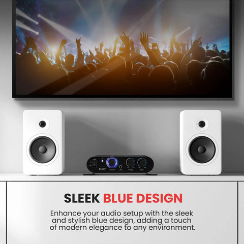 Wireless Bluetooth Home Audio Amp With 90W Dual Channel Power for Studio and PA Use Low Distortion Stereo Receiver displayed with speakers