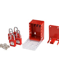 Portable Group Lock Box With Red Keyed Alike Padlock Set Wall Mountable Plastic Safety Cabinet showing three red padlocks and keys.