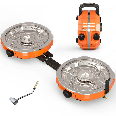Powerful 20,000 BTU Dual Burner Propane Camping Stove, Portable Foldable Camp Stove with carrying bag, burners and handle