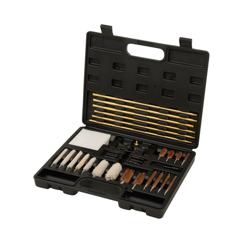 Open black case displaying the Krome Universal Gun Cleaning Kit 35 Piece Set for Rifles Shotguns and Pistols with accessories