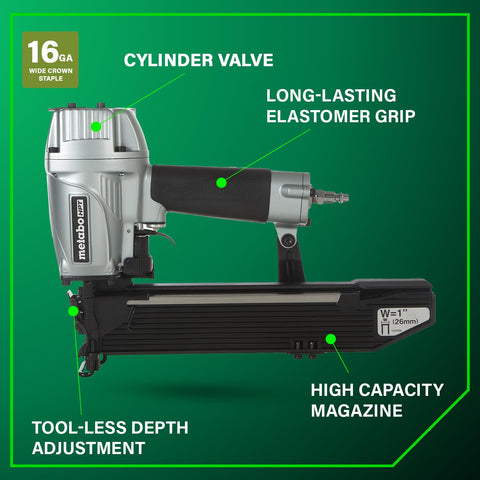 Wide Crown Pneumatic Stapler For Sheathing And Insulation, 16 Gauge Nailer With 1 In To 2 In Staples, Lightweight