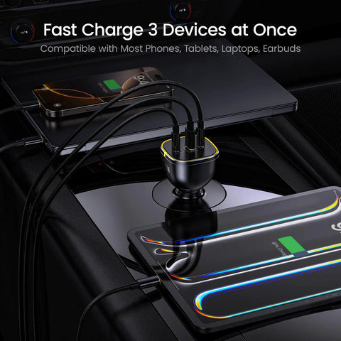 Straight Fire 165W USB C Car Charger PD 3.1 100W Quick Charge 5.0 connected to a laptop and phone, charging three devices.