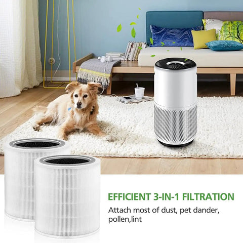 Replacement Filter For 400S Air Purifier Three In One Activated Carbon Filter Two Pack For Smart WiFi Model LRF C401S WUS Compatible depicted with a pet on a rug