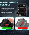 Kickass Heavy Duty 50 Amp Circuit Breaker For Boats And RVs With Manual Reset And Emergency Stop Switch IP54 Water Resistant Housing showing ON and OFF functions.