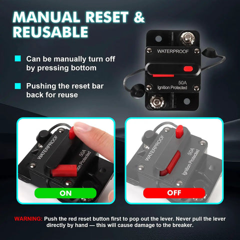 Kickass Heavy Duty 50 Amp Circuit Breaker For Boats And RVs With Manual Reset And Emergency Stop Switch IP54 Water Resistant Housing showing ON and OFF functions.