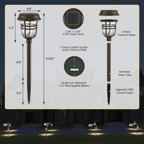 Solar Pathway Lights Outdoor Waterproof IP65 No Fuss Dual Lighting Modes Warm White And Cool White LED Garden Lights For Yard Landscape Walkway Driveway Lawn Decor Glass Finish