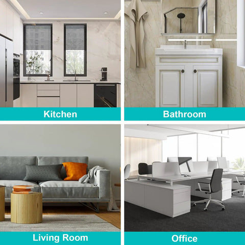 Image of various home settings: modern Kitchen with appliances, elegant Bathroom with sink, cozy Living Room with sofa, and sleek Office workspace.