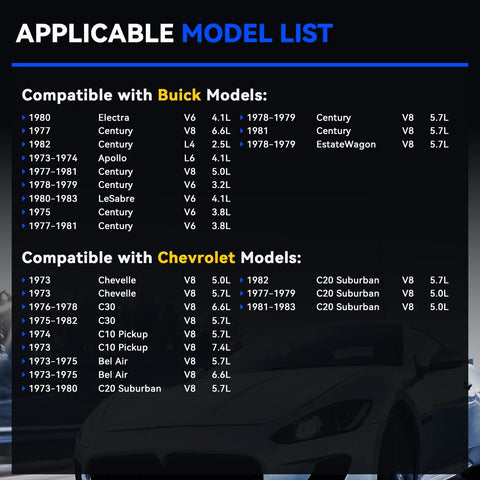 List of compatible car models for the alternator including Buick and Chevrolet models from 1973 to 1982.