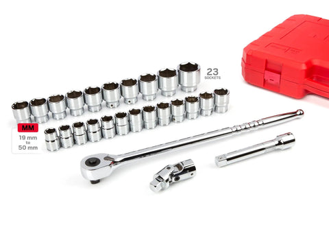 Three Fourths Inch Drive Six Point Socket And Ratchet Set, 26 Piece Shallow Metric Sockets 19 To 50 Mm with red carrying case