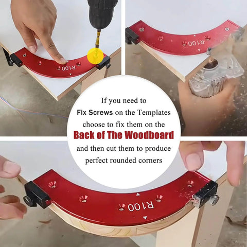 Five-Piece Router Corner Radius Template Set for Woodworking with Durable Aluminum Radius Jig and Corner Routing Guide in use