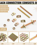 Bed Frame Hardware Connector Kit 24 Sets M8x100mm Four In One Connectors With Bolts Nuts And Half Moon Spacers