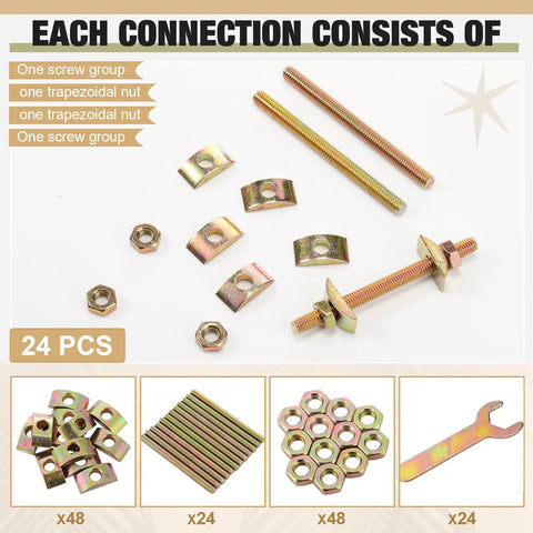 Bed Frame Hardware Connector Kit 24 Sets M8x100mm Four In One Connectors With Bolts Nuts And Half Moon Spacers