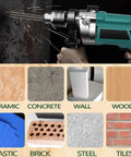 JOERIC 10pc eccentric masonry drill bit set; teal drill in use with metal bit; for ceramic, concrete, brick, wood