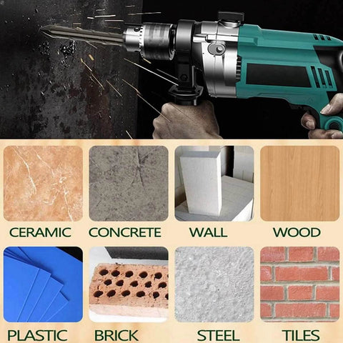 JOERIC 10pc eccentric masonry drill bit set; teal drill in use with metal bit; for ceramic, concrete, brick, wood
