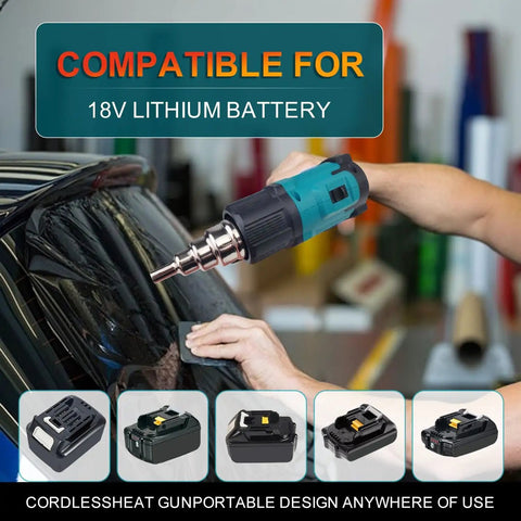 Cordless Heat Gun For 18V LXT Batteries in use for car window tinting, showcasing dual temp settings and compatibility