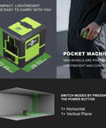 Laser Level Pro Grade With Green Cross Line For Easy DIY Interior Decorating And Quick Vertical And Horizontal Measurement 1200mAh Rechargeable Battery Delivers 10 Hour Standby Time shown in compact size.