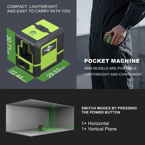 Laser Level Pro Grade With Green Cross Line For Easy DIY Interior Decorating And Quick Vertical And Horizontal Measurement 1200mAh Rechargeable Battery Delivers 10 Hour Standby Time shown in compact size.
