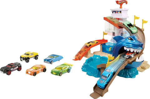 Hot Wheels Color Shifters Sharkport Showdown Track Set with 1:64 scale car, dual color change zones, and chomping shark