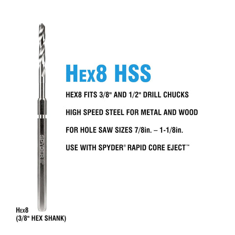 Spyder Hex8 quick-change hole saw arbor with HSS pilot bit assembly for wood, metal, and plastics; 3/8-in hex shank
