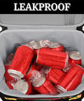 Open insulated picnic backpack lunch box showing red cans on ice, large 12 by 9 by 10 inch interior keeps drinks cold.