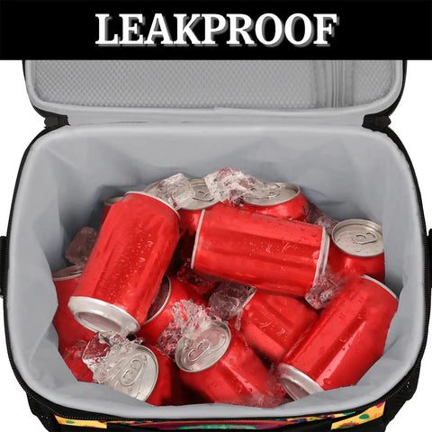 Open insulated picnic backpack lunch box showing red cans on ice, large 12 by 9 by 10 inch interior keeps drinks cold.
