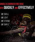 Firefighter using Snagger Tool For Firefighting Heavy Duty Rescue Multi Tool With Tungsten Carbide Glass Breaker All In One Spanner For Caps And Couplings Easy To Use Compact Firefighter Gear For Quick Rescue And Tightening On The Fly Red to handle a hose in dark, wet conditions.