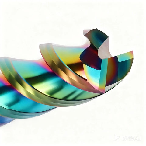 Close-up of carbide square end mill for aluminum, half inch diameter, 3 flutes, heavy duty, with DLC Rainbow coating for heat resistance.