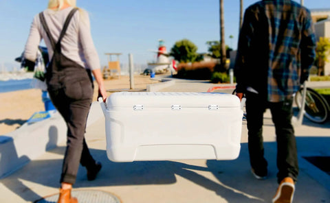 People carrying a cooler equipped with Beefy Cooler Hinge And Latch Kit With Screws, Heavy Duty Ice Chest Replacement Parts.