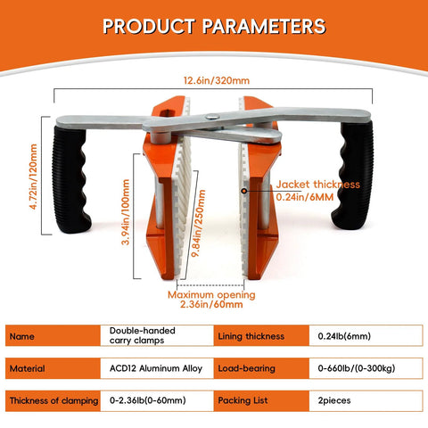 Two orange granite carrying clamps with white rubber-lined jaws and black grips for lifting slabs 2-pack