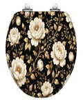 Elongated Peonies roses Floral vintage seamless Gold white Toilet Seat with creamy flowers and black background design.
