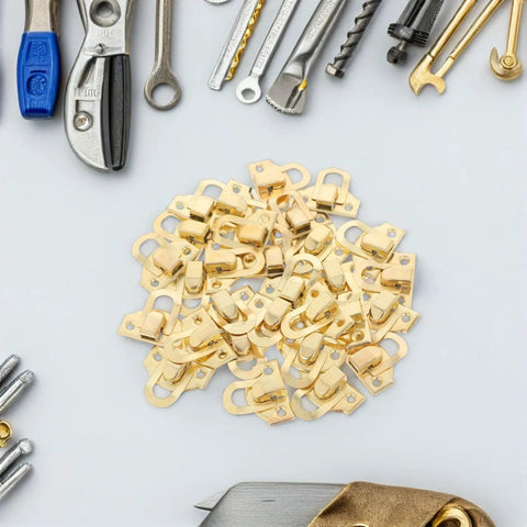 Solid Antique Wooden Box Buckles And Decorative Drawer Hasps For Cabinet Doors Jewelry Cases Heavy Duty Latch Hardware Sets, gold hasps arranged with tools.