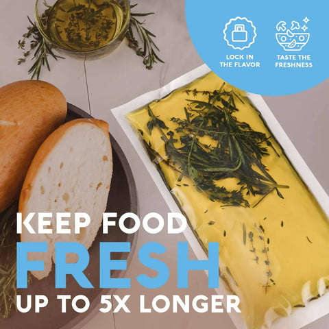Vacuum-sealed herbs with bread, promoting Go To Pro Grade Vacuum Sealer Bags Set 6x8, 8x10, 10x10 Inches, 300 Pack BPA Free Pouches.