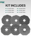 Set of six precision table saw arbor shims ranging from 0.003" to 0.020" for slick blade alignment with dead nuts accuracy.