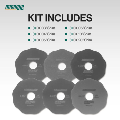 Set of six precision table saw arbor shims ranging from 0.003" to 0.020" for slick blade alignment with dead nuts accuracy.