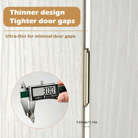 Ultra Thin Magnetic Cabinet Door Catch 6 Pack With Adhesive No Drill Latch For Easy Install Kitchen Cabinets Cupboards Drawers And Closets Nearly Invisible 3.65 mm Slim Silver Magnetic Catch For Smooth Secure Closure attached to a door.