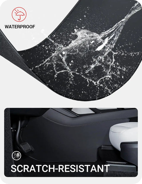 Juniper Center Console Side Anti Kick Mats for Tesla Model Y 2025 2026 Refresh showing waterproof and scratch-resistant features