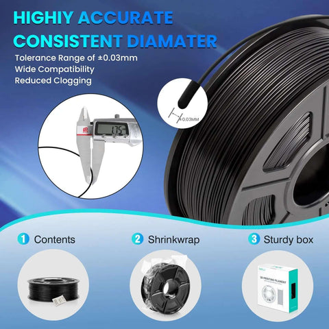 Crazy Fast Prints TPU Filament 1.75mm 1kg 95A Flexible Black for Most FDM 3D Printers showing dimensional accuracy of 0.03mm