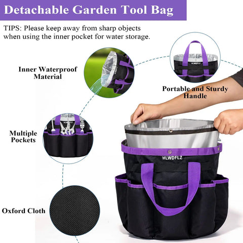 Detachable garden tool bag with purple straps, waterproof inner pockets, and oxford cloth, part of Purple Garden Tool Set For Women 11-Piece Heavy Duty Gardening Kit With Detachable Storage Bag Weeder Dual-Purpose Hoe Pruning Shears And Tote For Easy Tool Organization And Grab-And-Go Backyard Plant Care.