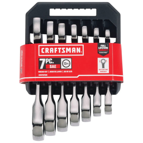 7 Piece SAE Ratcheting Wrench Set With 72 Tooth Box End 15 Degree Offset Chrome Finish Quick Engagement Easy Fastener Grab